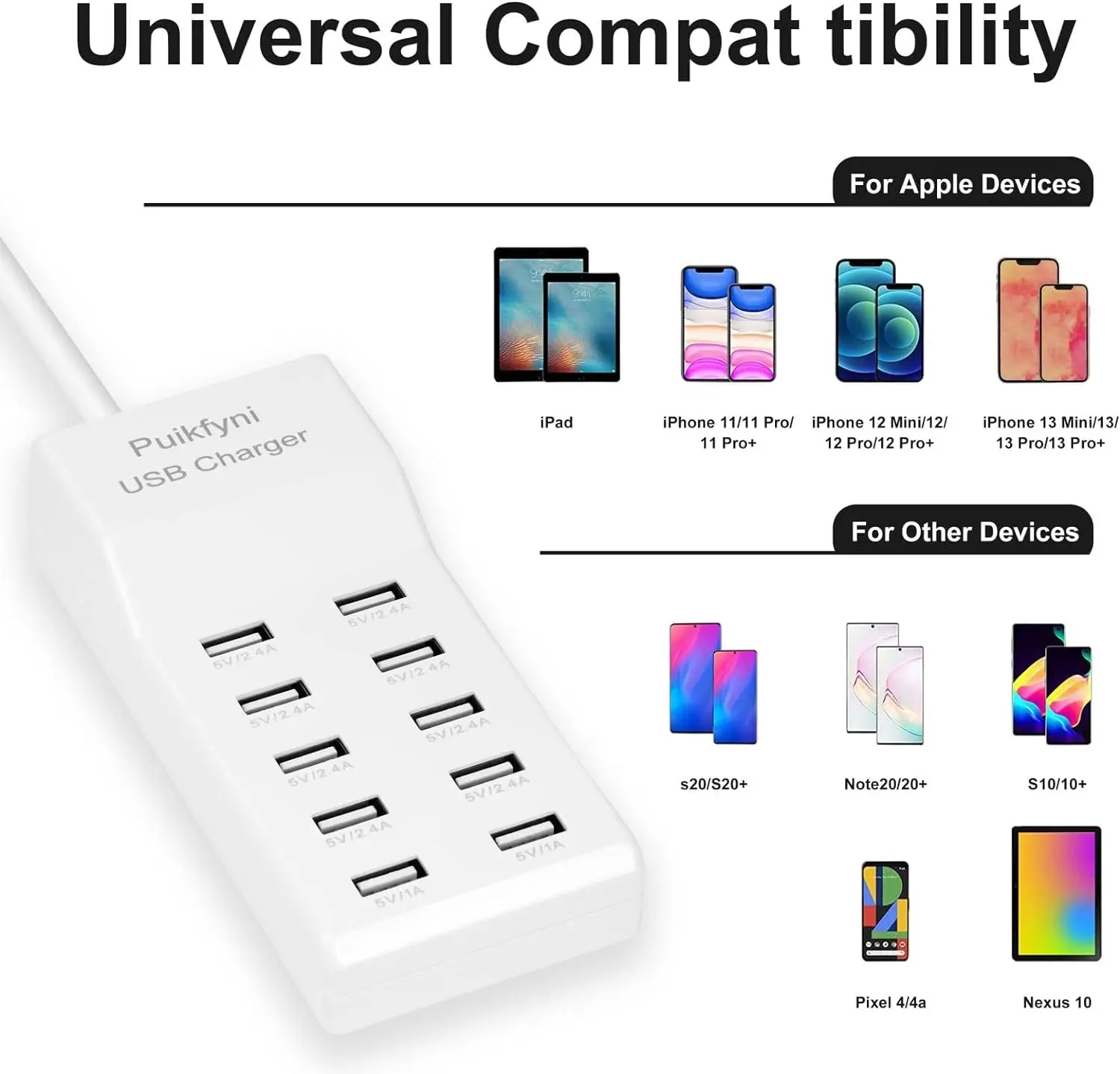 10-Port USB Charger Desktop USB Rapid Charger,Smart USB Charger for Multiple Devices Smart Phone Tablet Laptop Computer