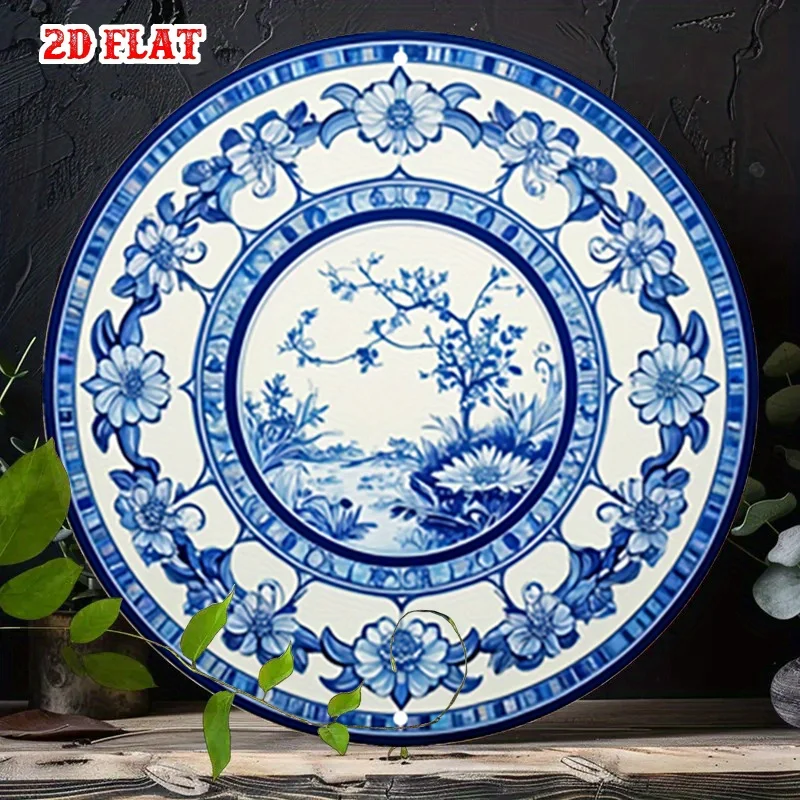 1pc Vintage Chinese Porcelain Plate Metal Poster - Blue and White Floral border, Asian-Inspired Botanical Wall Art Decor for Hom
