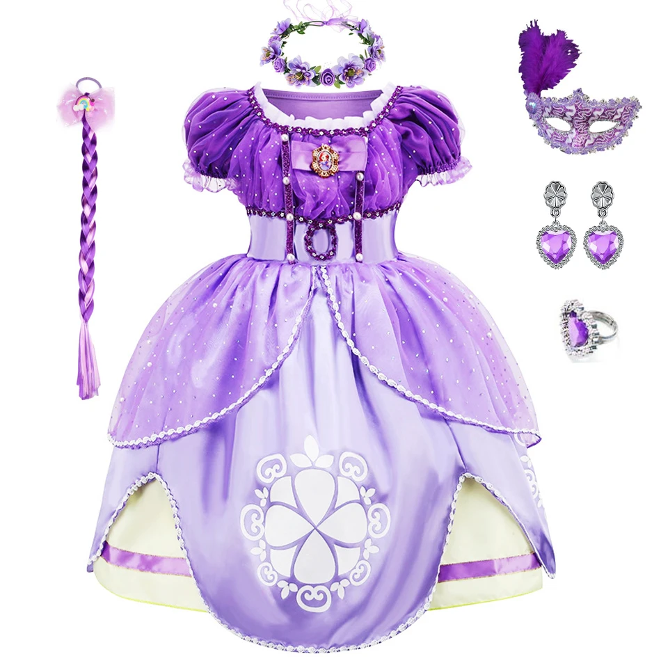 Robe Sofia pour filles de 3 6 8 10 ans, Costume de princesse pour fête d'anniversaire d'halloween, robe de bal d'été à manches bouffantes