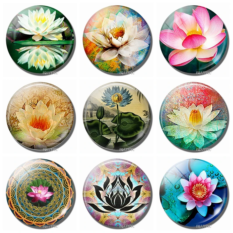 Lotus 30 MM Fridge Magnet Lotus Flower Yoga Buddhism Meditation Glass Dome Magnetic Refrigerator Sticker Note Holder Home Decor