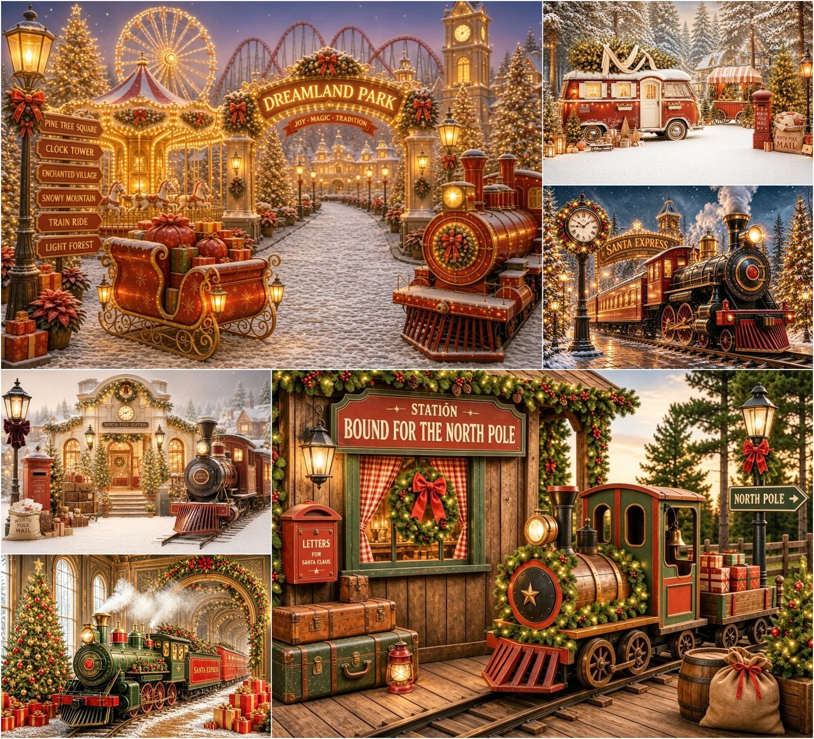 Mehofond Christmas Train Winter Snow Photography Amusement Park Retro Clock Kid's Birthday Family Festival Portrait Background