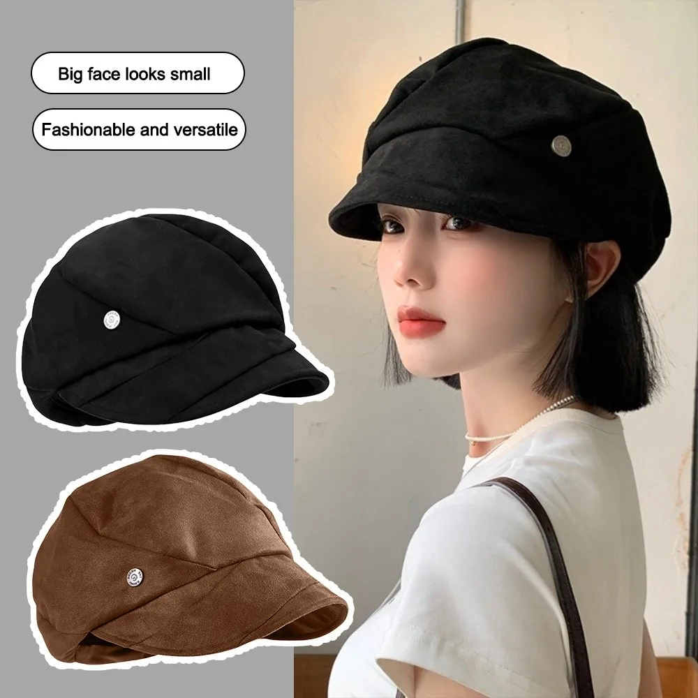 

Trendy Bla Suede Beret Hat Large Head Circumference Breathable Newsboy Hats Windproof Adjustable Octagonal Cap Autumn and Winter