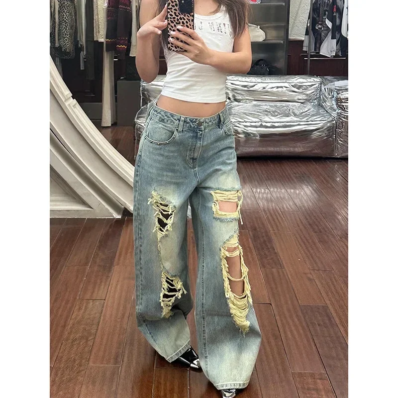 스트리트웨어 아메리칸 레트로 Y2k 찢어진 청바지 여성 하라주쿠 오버사이즈 빈티지 펑크 배기 데님 바지 일본 2000년대 트래시 팬츠