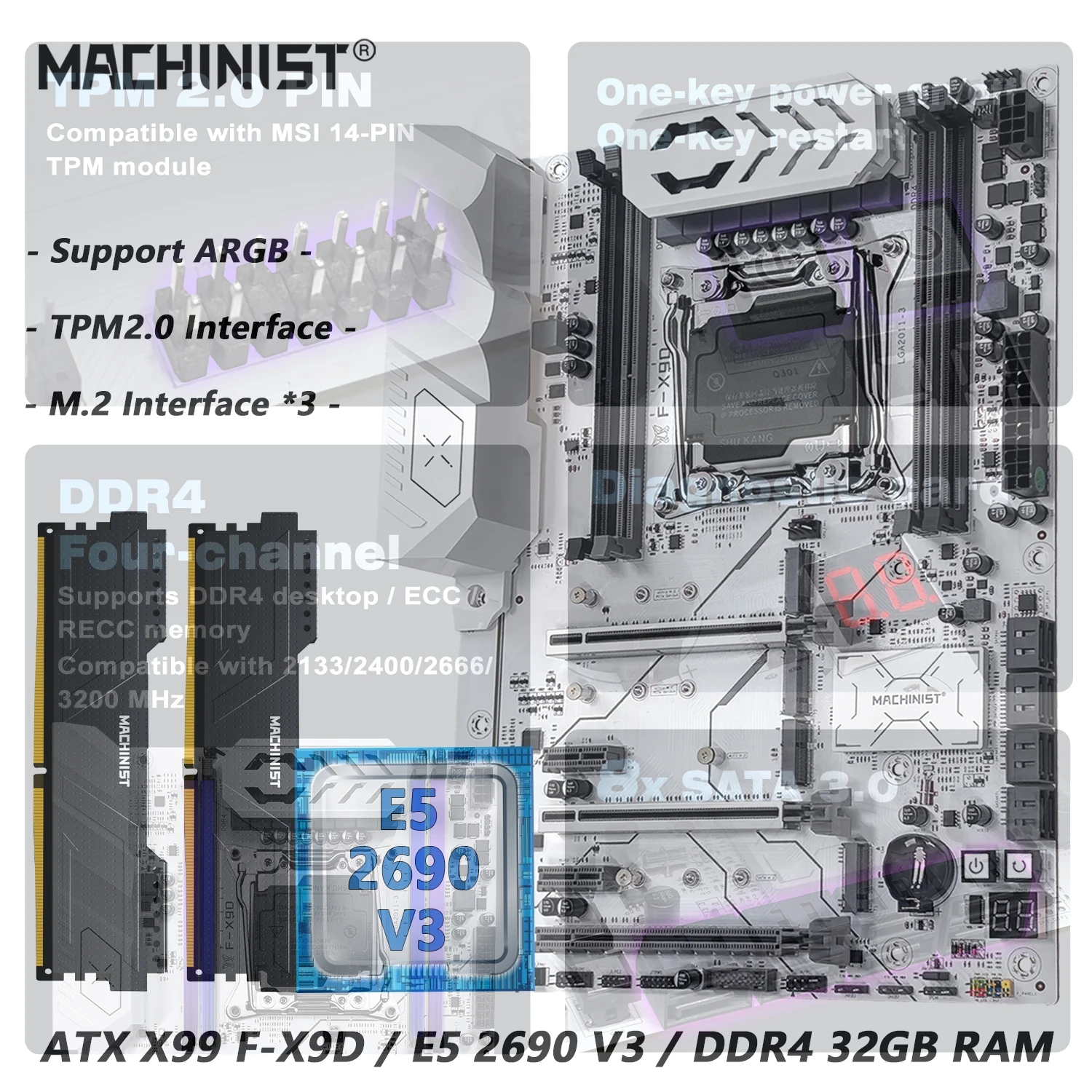 MACHINIST X99 F-X9D Motherboard Support ARGB TPM2.0, LGA2011-3 E5 2690 V3 CPU 32GB DDR4 RAM C612 Chip Four Channels M.2*3