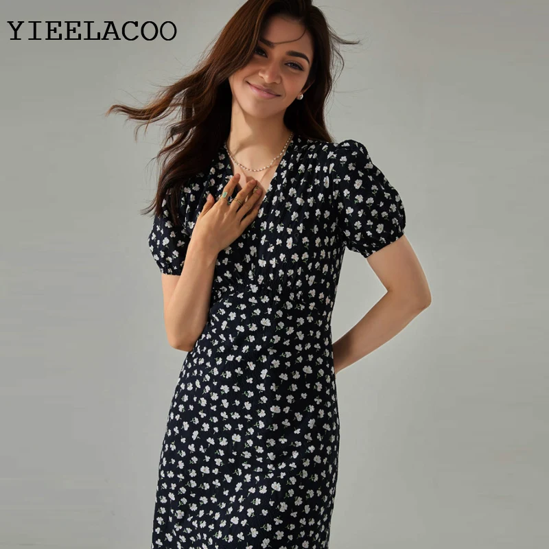 فستان أسود مُزين بنقشة الزهور بأكمام قصيرة نحيف 2026 فستان نسائي للربيع والصيف لقضاء العطلات من قطعة واحدة فستان كلاسيكي للسيدات #4