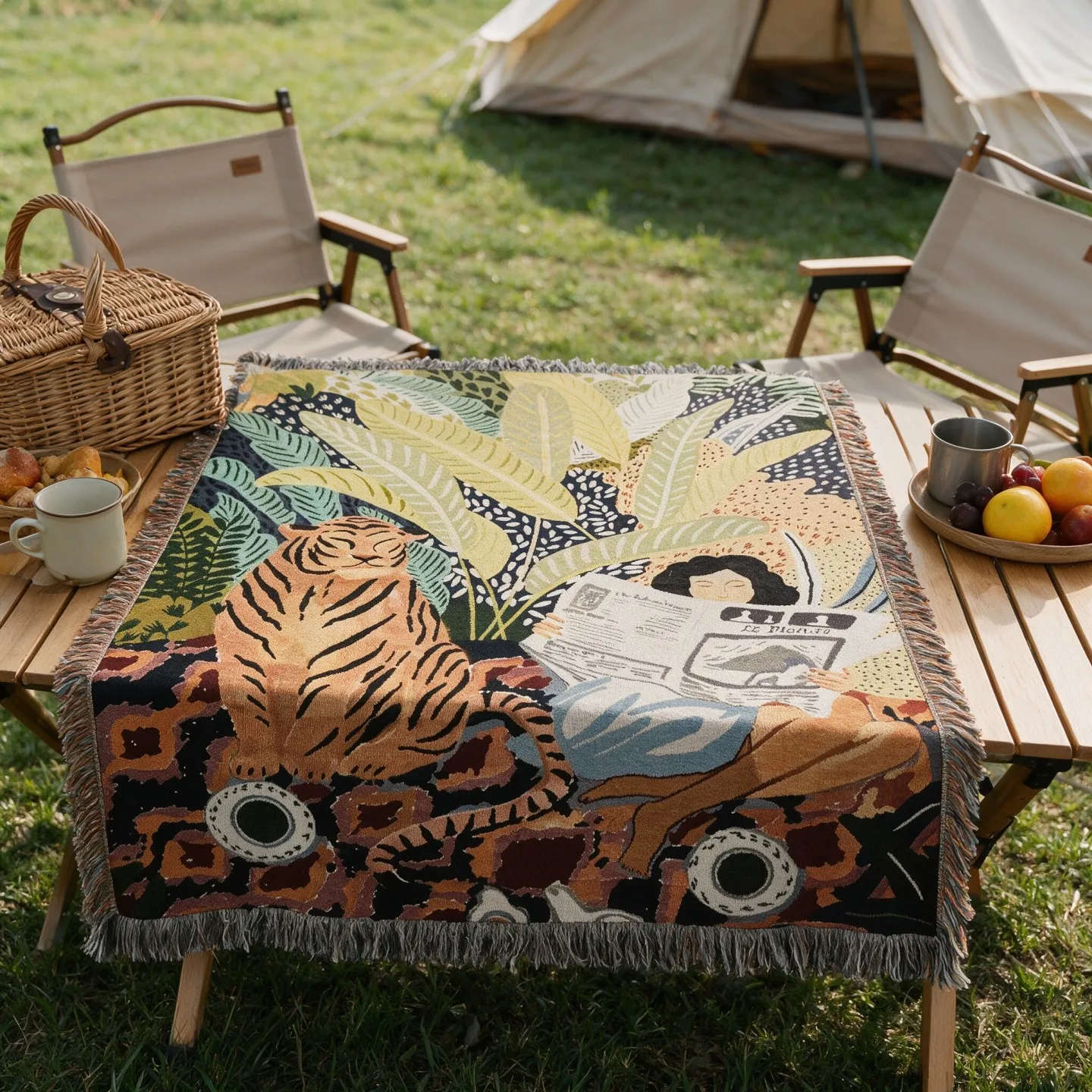 Retro Tiger Plant  Woven Throw Blanket Sofa Cover Wall Decor Artistic Tapestry Hanging Painting Outdoor Picnic Camping Blanket