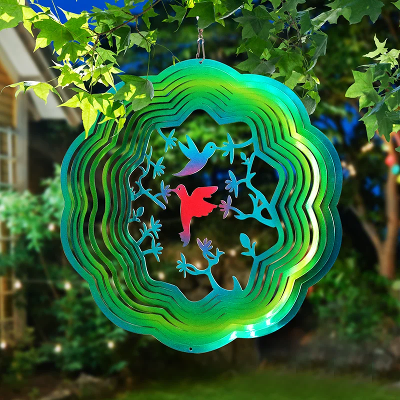 PSATHENATI-Spinner de viento colgante 3D de acero inoxidable, decoración de jardín para interiores y exteriores, gradiente, gemelos, colibrí, campanillas de viento, 12 pulgadas