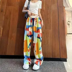 2024 Summer New Women's Printed Korean Beachy Loose Elasticized High-waisted Drawstring Fashion Straight Casual Wide Leg Pants