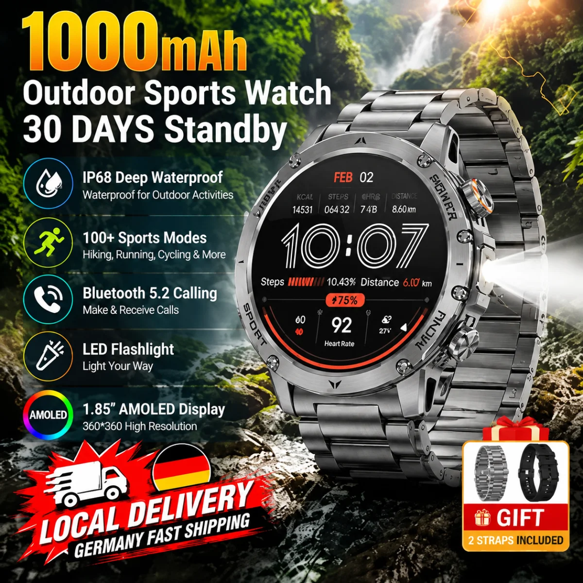 Orologio Intelligente Militare Robusto Uomo Chiamate Bluetooth Schermo IPS HD 185 110 Modalità Sportive Monitor Frequenza Cardiaca Sonno Impermeabile Android iOS