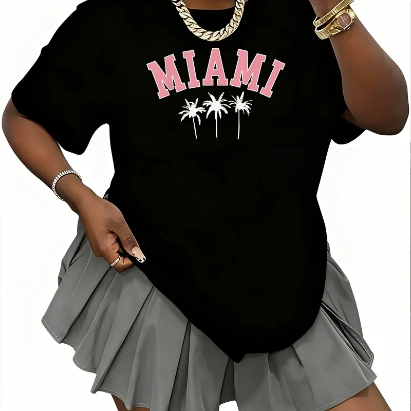 Miami Florida Palm Tree Miami Beach Women's 100% Cotton T-Shirt Fun Print Short Sleeve Top Casual Round Neck Tee S-5Xl