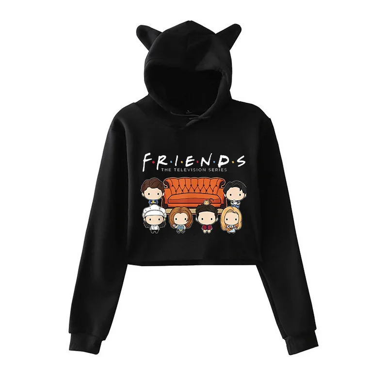 Women Funny Cartoon Friends Black Hoodies Crop Top Friends Tv Show Harajuku Graphic Sweatshirt Croopped Vintage Letter Y2k Hoody