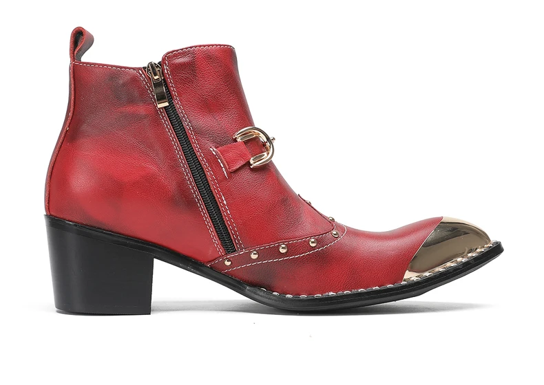 Designer Metall Karree Cowboy Motorrad Kurze Stiefel Männlich Große Größe Nieten Echtes Leder Stiefeletten Business Formale Schuhe – Detail 10