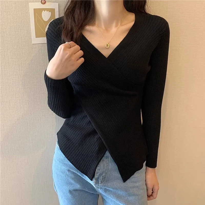 Spring Autumn New Irregular Short Knitting Pullovers V Neck Long Sleeve Slim All-match Sweet Sweaters Sexy Fashion Women Clothes