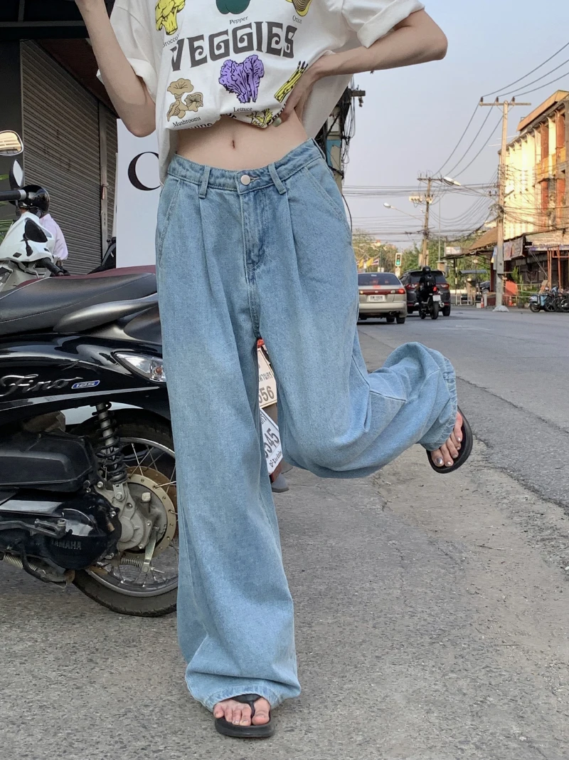 

Designed pleated washed jeans for women in summer high-waisted loose floor-length pants drapey wide-leg pants