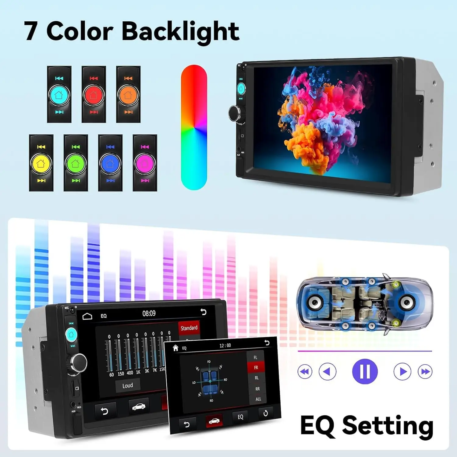 Estéreo para carro duplo Din de 7 polegadas com Bluetooth, MirrorLink, FM, USB, AUX, suporte TF + câmera de backup