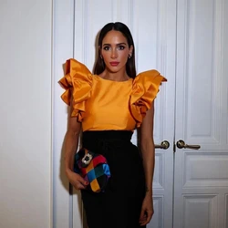Elegant Orange Satin Women Tops Pretty Ruffles Sleeves O-neck Taffeta Female Top High Quality Custom Made Prom Party Blouse