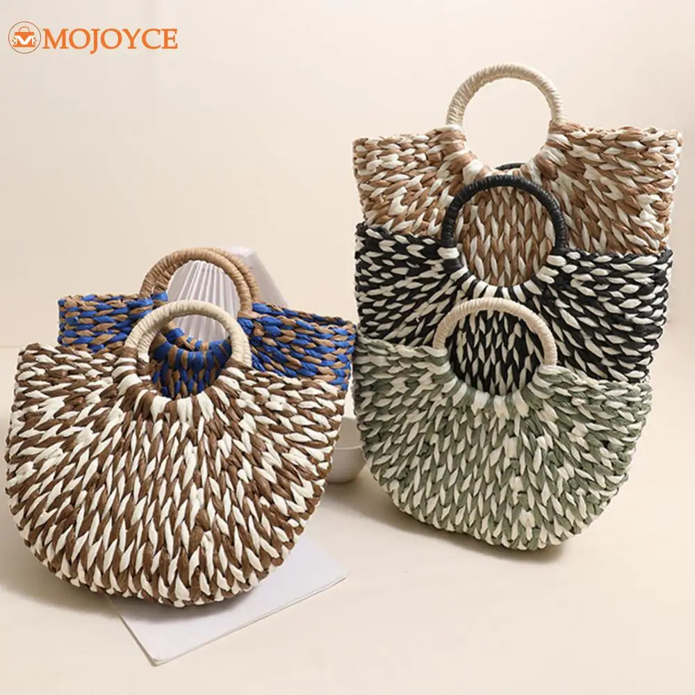 Hand-Woven Bag Summer Color Clash Weaving Tote Bag Large Capacity Semicircle Women's Fashion Handbag Ladies Beach Top-Handle Bag