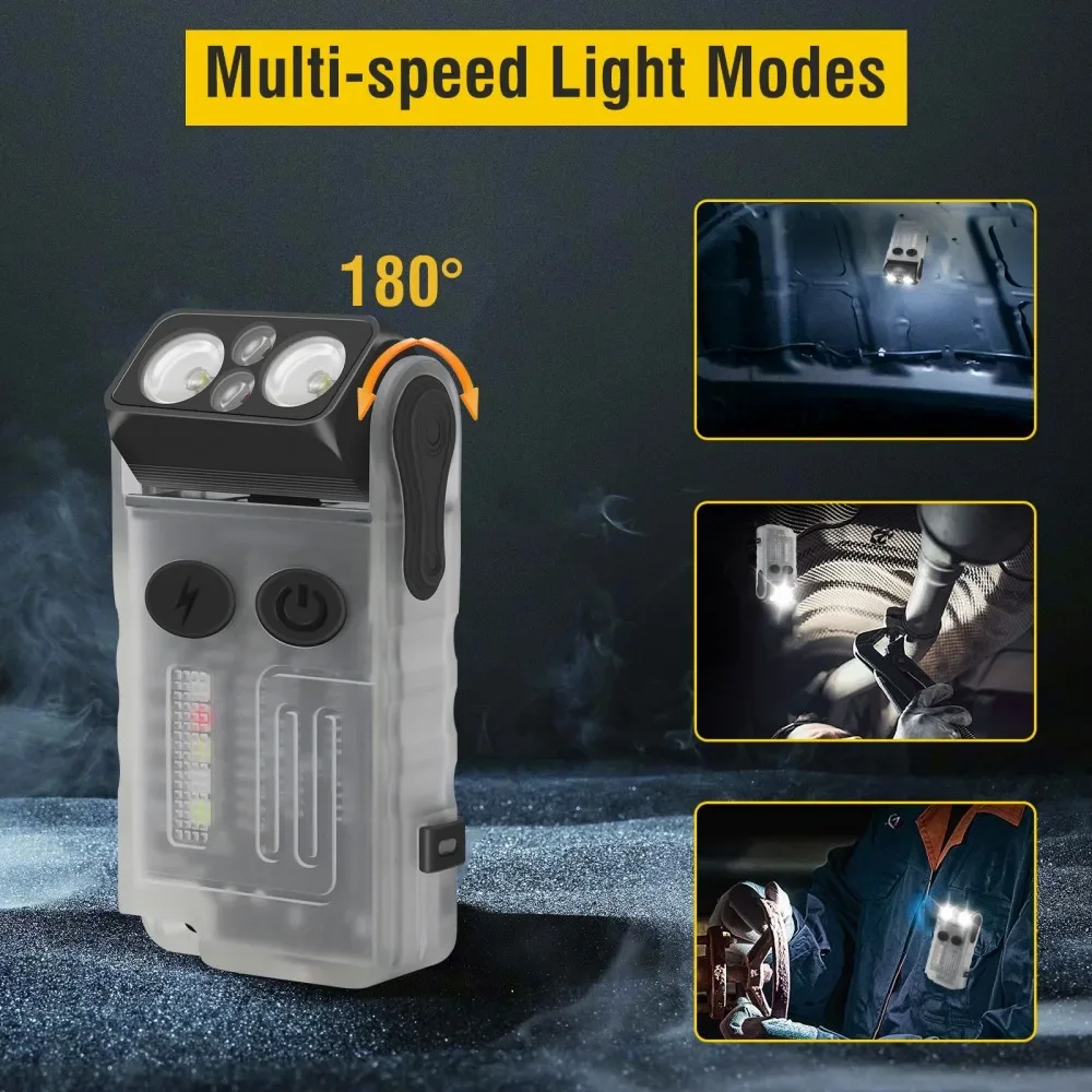 BORUiT V20 Buzzer EDC LED Keychain Flashlight Head Swivels Type-C Rechargeable Work Light Torch with Magnet Camping Lantern