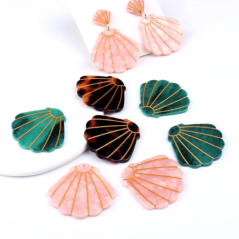 6pcs 39x39mm Green Pink Seashell Shape Charms Pendant for Earring Necklace Keychain Headwear Resin DIY Jewelry Making Supplies - Image 5