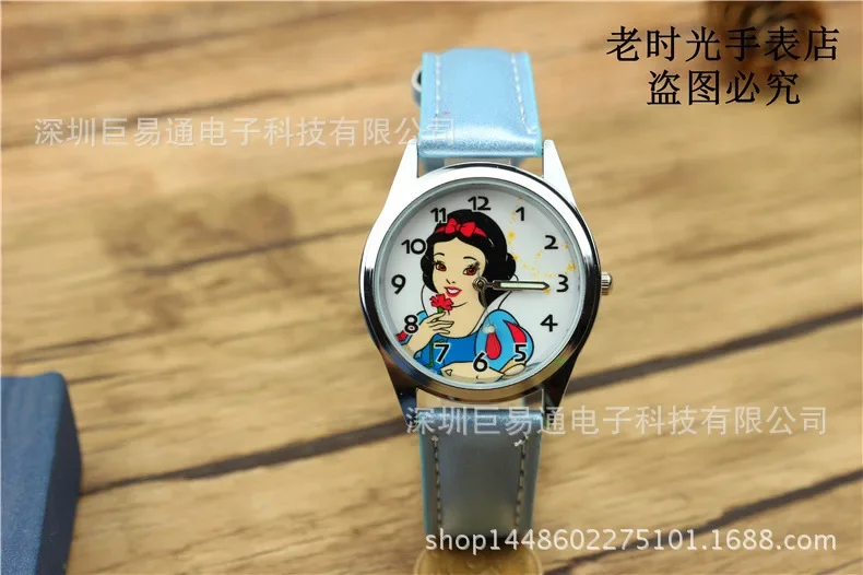 Disney-correa de reloj de cuero Blancanieves para niños y niñas, esfera de cristal, Pin, hebilla, estilo, regalo