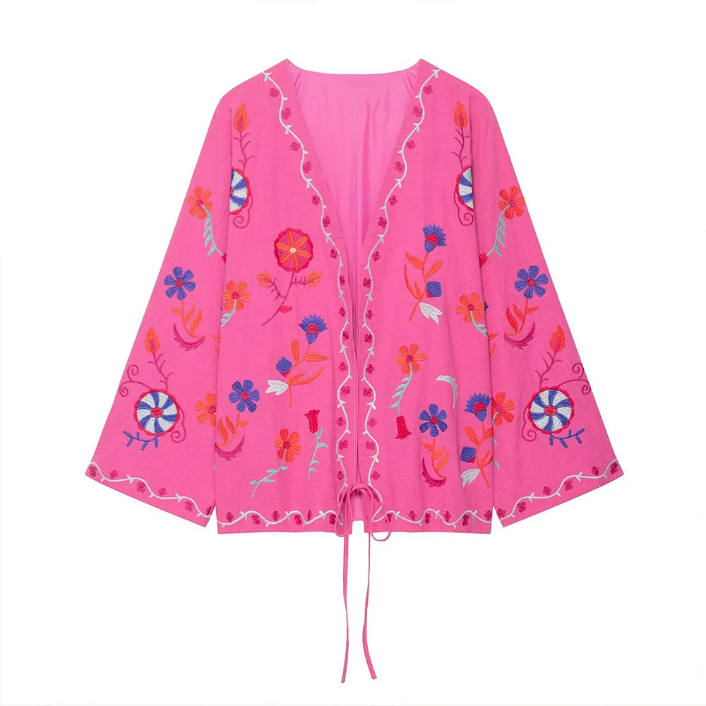 

Woman's Prints Embroidered Lace-up Jacket V-neck Loose Patchwork Wide Sleeves Casual Commuter Jacket Early Autumn New Top