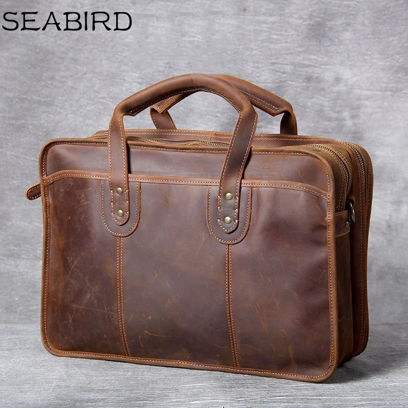 SEABIRD 100% Genuine Leather Men Bags Fashion Man Crossbody Shoulder Handbag Men Messenger Bags Male Briefcase Men's Travel Bag