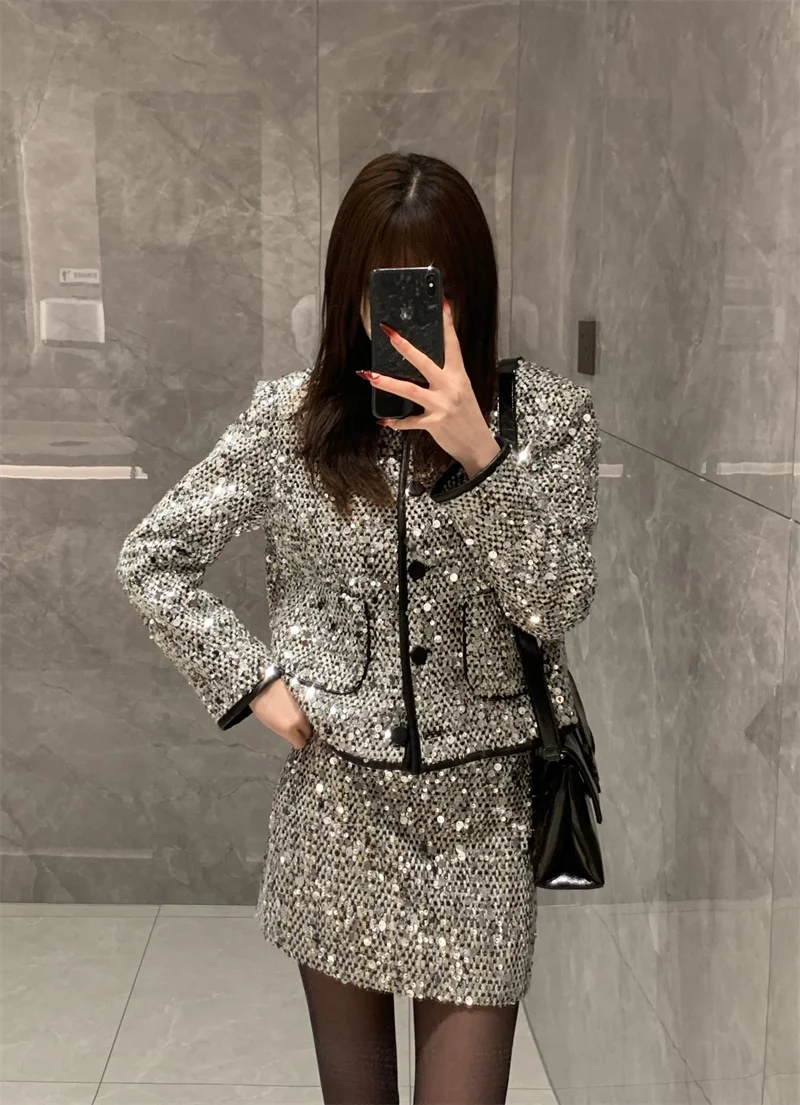 

UNXX Real Shot Real Price Silver Sequin Chic Style Set Women Autumn Winter Street Trend High-End New Year Outfit Two-Piece Set