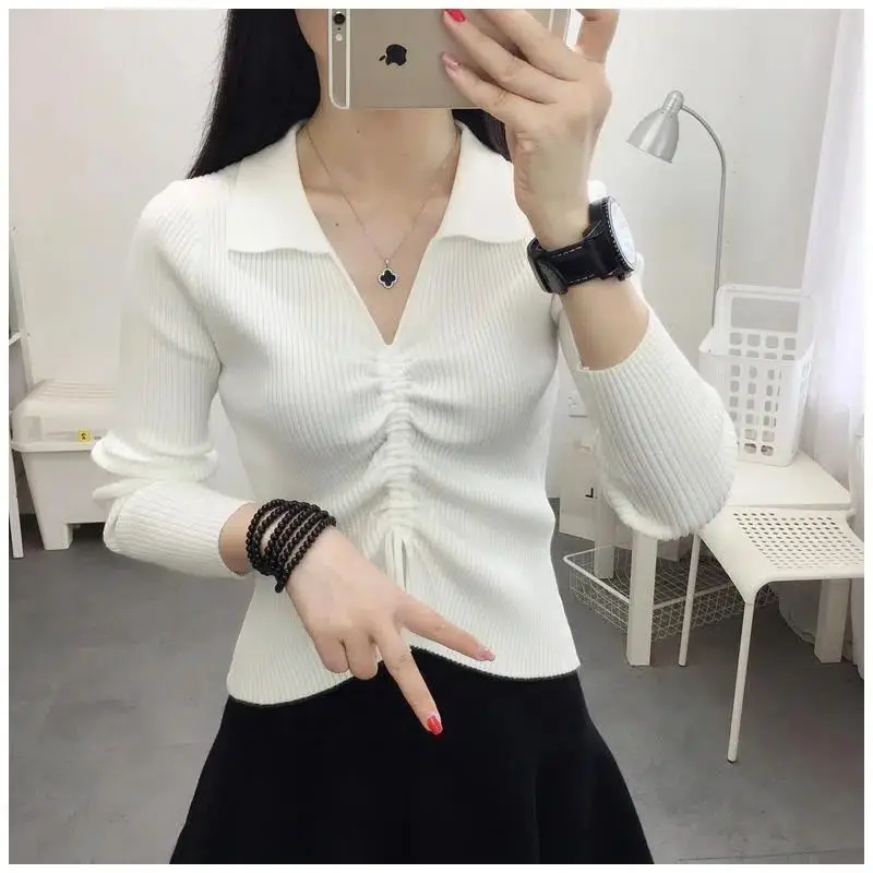 

Women's Long Sleeved Drawstring Top Autumn Outfits Gentle Fashionable Early Autumn Collarbone Square Collar Bottoming Shirt Thin