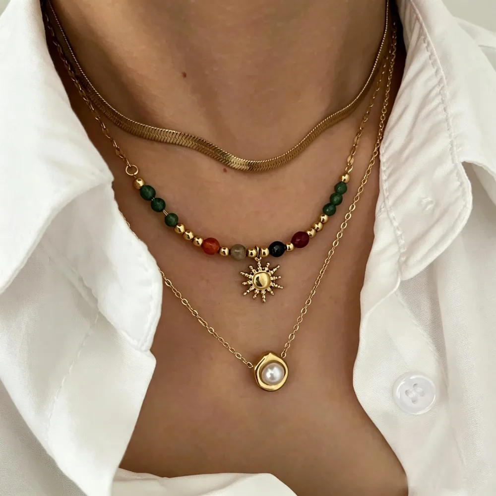 Imitation Pearl Natural Stone Sunflower Pendant Necklace Women's Stainless Steel Flat Snake Chain Stackable Jewelry