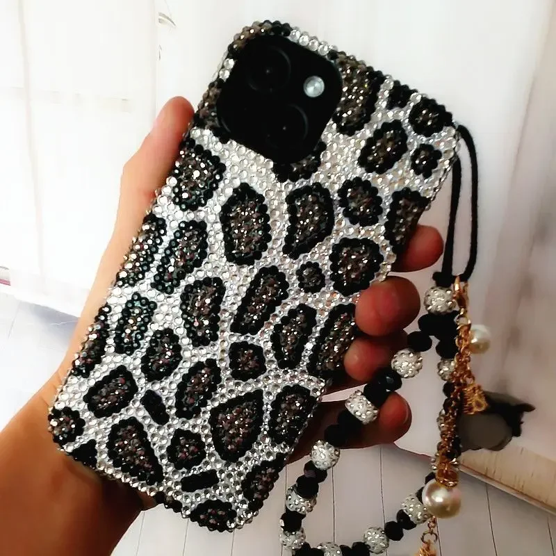 Bling Bling Grey Leopard Print Rhinestone All Inclusive Phone Case for iPhone 15 Pro Max 14 13 12 11 Xsmax Xr Full Soft Cover