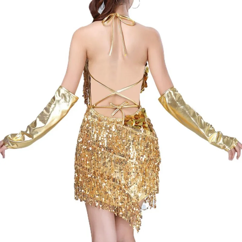 Women Sequins Tassel Latin Dance Dress1920s Flapper Cocktail Party Dresses Ballroom Tango Cha Rumba Samba Costumes with Gloves