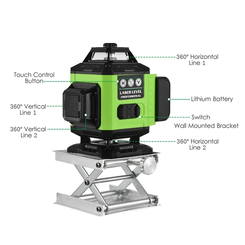 Pracmanu 16 Lines 4D Wireless Remote Control Green Lines Laser-Level Self-Leveling With 2 Batteries