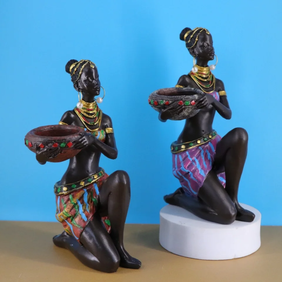 Resin African Women Figurines Candle Holder Retro Character Art Sculpture Candlesticks Home Living Room Table Decoration Crafts