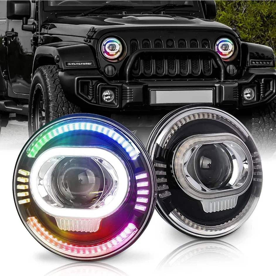 7 Inch Halo LED Headlight RGB Hi/Lo Beam for Jeep Wrangler JK TJ CJ LJ H1 H2