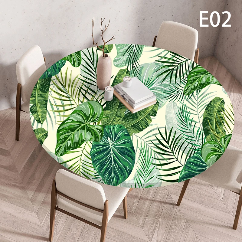 

60/90/100/120cm Elastic Round Table Cover Home Dining Room Decor Plant Printing Waterproof Stain-Resistant Tablecloth