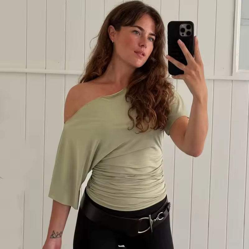 Talenza Summer One Shoulder Tops Fashion Slim Shrink Short Sleeve T-Shirts Sexy Party Y2k Streetwear Solid Pullover Tops Women - Image 3