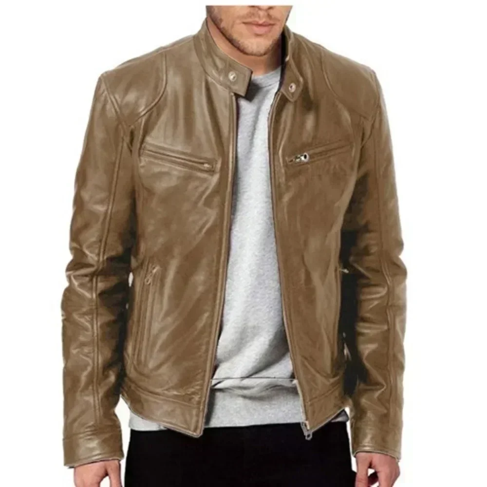 2025 Leather Motorcycle Jacket Men Stand Collar Casual Slim Short-Coat PU Jacket Autumn Winter Windproof Leather Coat Blazer Men