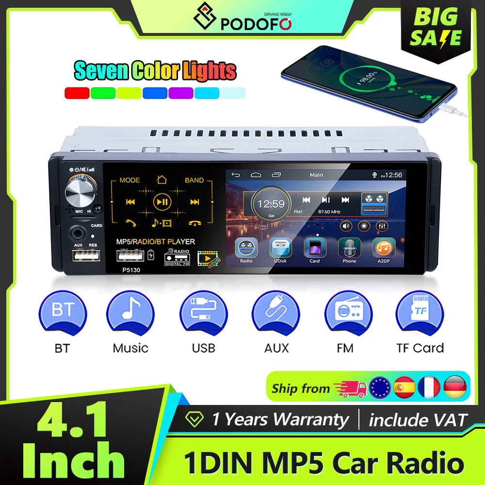 Podofo 1DIN 4,1'' Autoradio mit Kapazitivem Bildschirm, BT, FM, AM, Farbiger Hintergrundbeleuchtung, Universeller Auto-MP5-Audioplayer mit USB und Fernbedienung