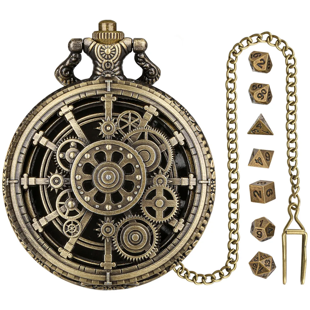 Metal Pocket Watch Case com Corrente, Punk Retro Gear, Oco Out Gear, Bronze, Cinza, Preto, Polígono, Mini Entertainment Dices Set