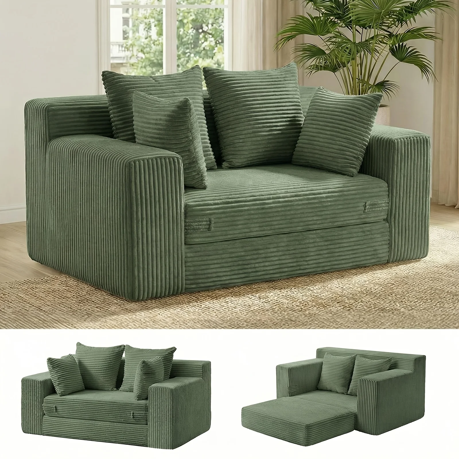 Boneless Couch Loveseat Sleeper, Convertible Sofa Bed Folding Couch Bed Foldable, 2 in 1 Boneless Chair And Futon Sofa Bed, Small Pull Out Sofa with 4 Pillows No Assembly, Compression Packing