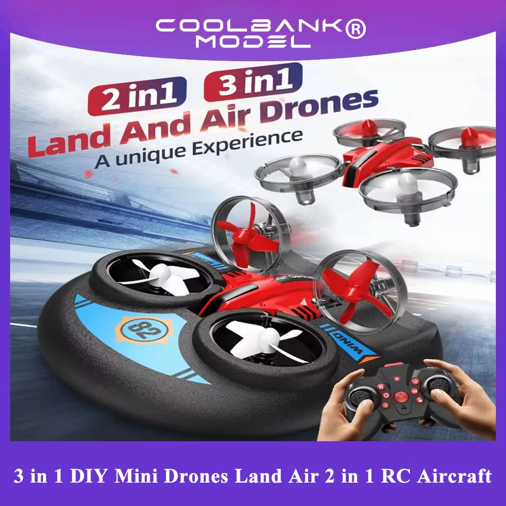 RC Plane 3 in 1 DIY Mini Drones Land Air 2 in 1 RC Drone Aircraft Toys 2.4Ghz Remote Control Kids Toys Children Gifts COOLBANK