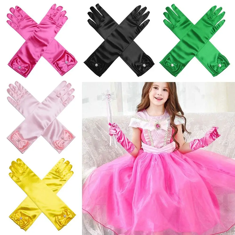 Kinder lange Handschuhe Prinzessin Tanz Performance Bühnen handschuhe Satin Pailletten Bogen Handschuh solide Voll finger Fäustlinge Geburtstags geschenke