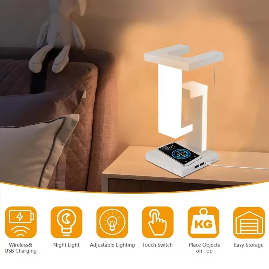 Dimming Magnetic Levitating Anti Gravity Table Lamp With Phone Charging Folded Led Desk Table Lights Touch Control LED Desk Lamp