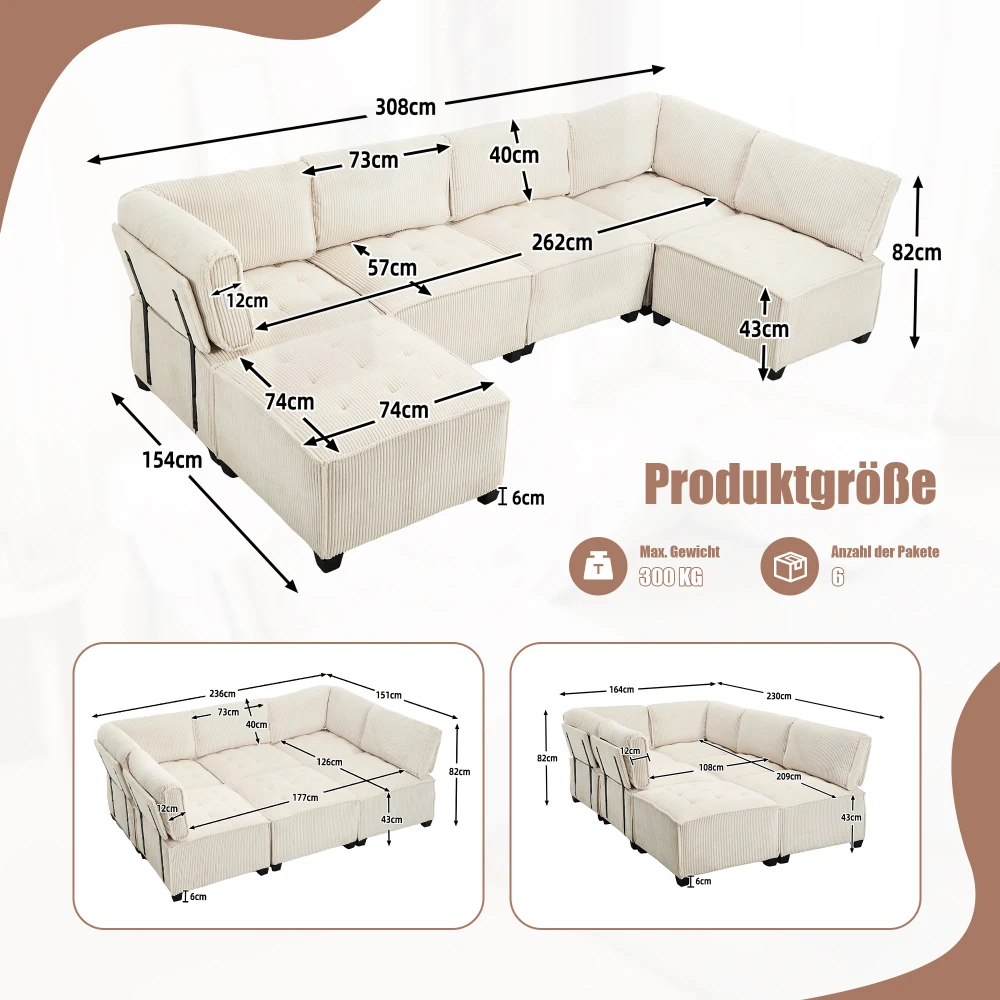 Sofa Modulares 6-Sitzer-Sofa, Kordelstoff, ergonomisch, Aufbewahrungstaschen, flexibel kombiniert als U-Form/L-Form/Sofabett – Detail 9