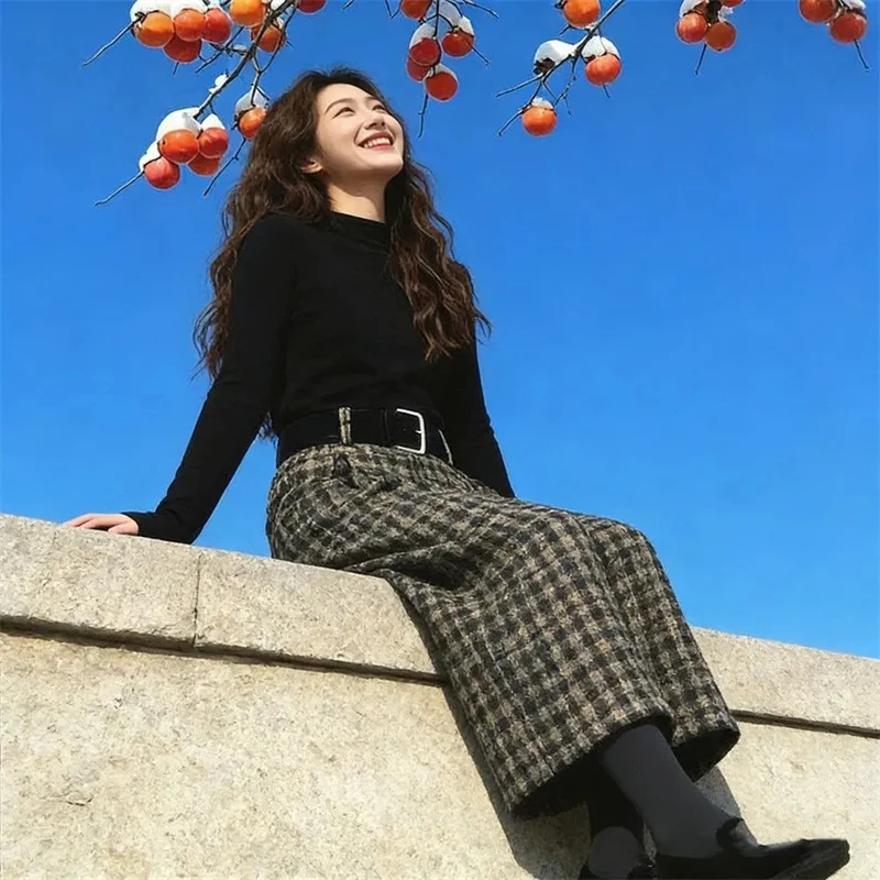 Women Large Size 4XL Plaid Woolen Plush Thick Pantalons Korean Lady Eight Points Trousers Autumn Femme High Waist Wide-leg Pants