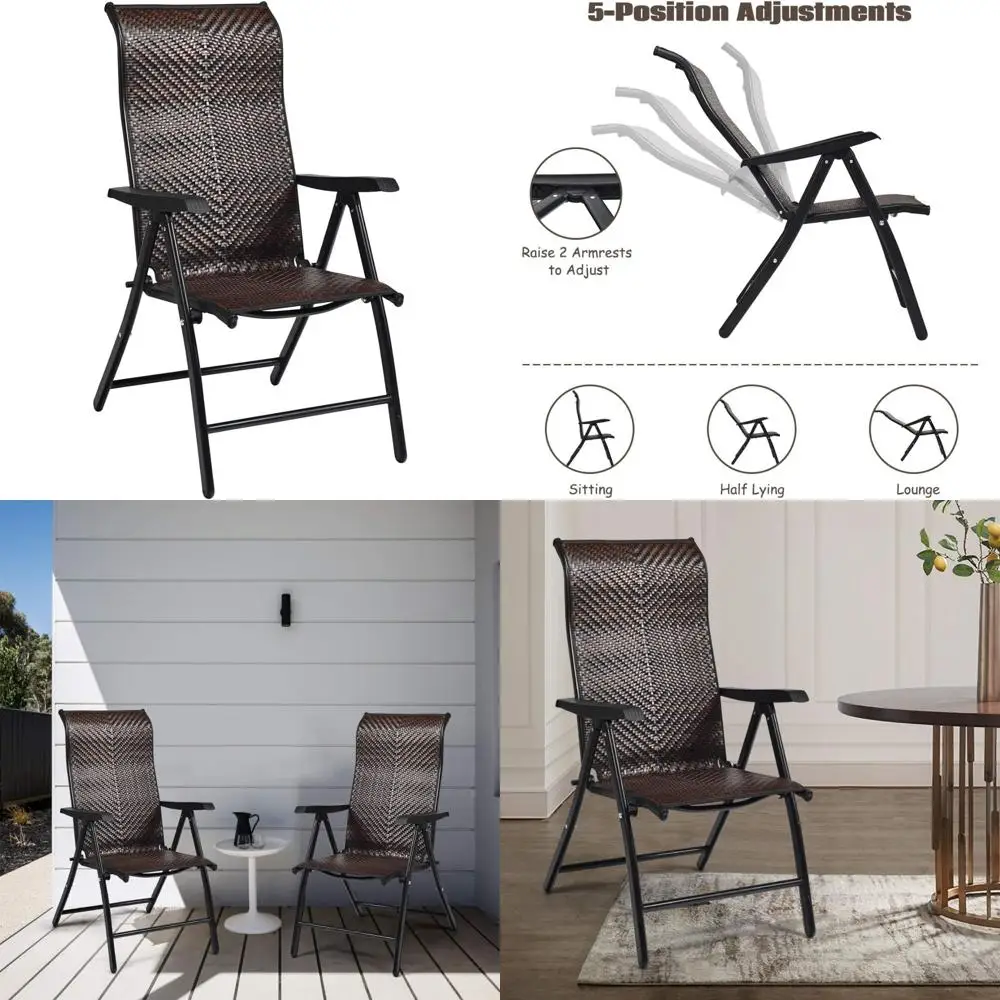 

Outdoor Wicker Folding Chair with Wide Armrests and High Back for Portable Camping Use