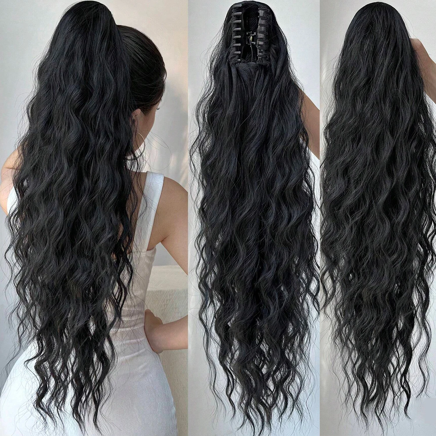 

Allaosify Synthetic 26" Long Wavy Claw Clip On Ponytail Hair Extension Heat Resistant Natural Wave Pony Tail Fake Hairpieces ﻿