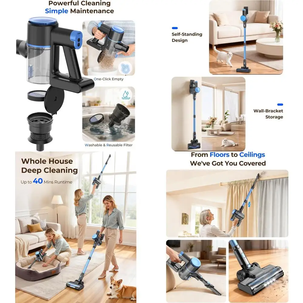 

Lightweight Stick Vacuum Cleaner with Strong Suction, 2200mAh Battery, 40 Min Runtime, Self-Standing, Rechargeable for Hardwood