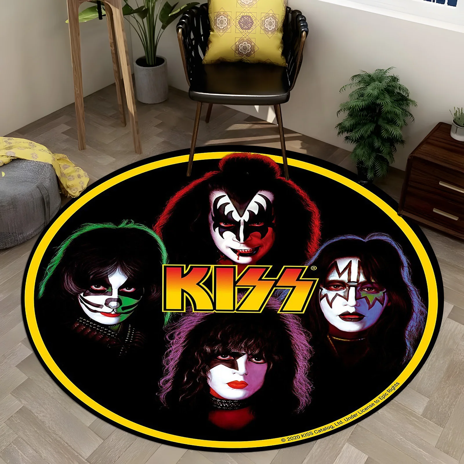 KISS Band Portrait Round Rug - Iconic 70s Rock Star Makeup Design,Vibrant Living Room Carpet,Music Fan Collector Home Decor Gift