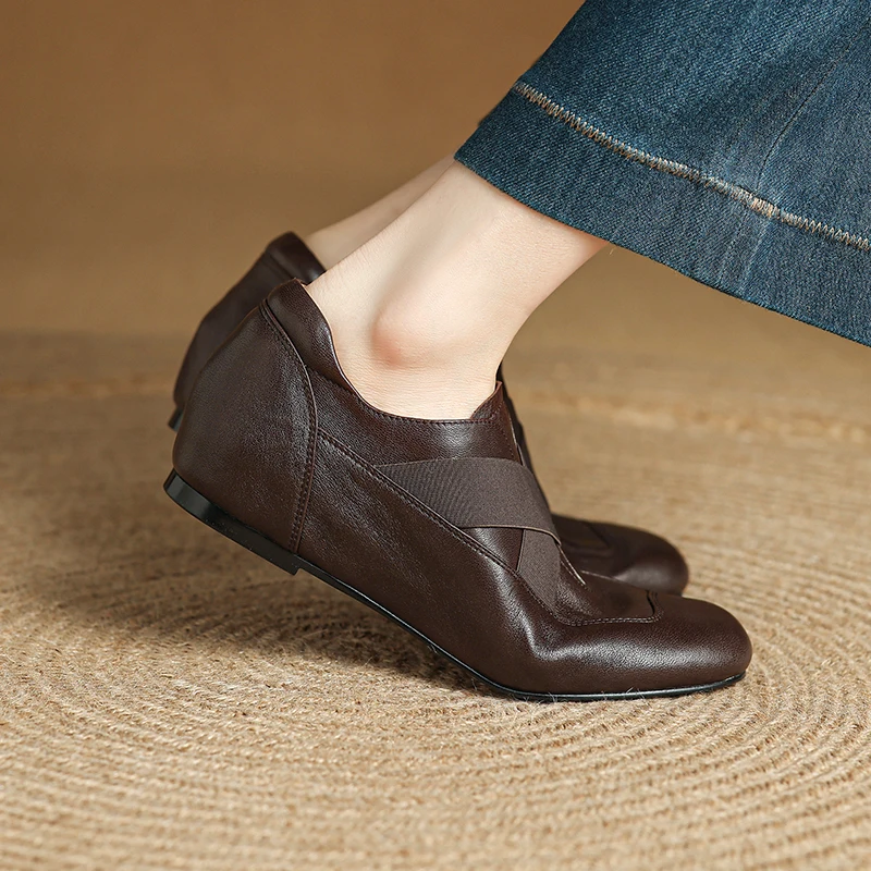 

Women’s Handmade Genuine Leather Cross Strap Round Toe Hidden Wedge Loafers